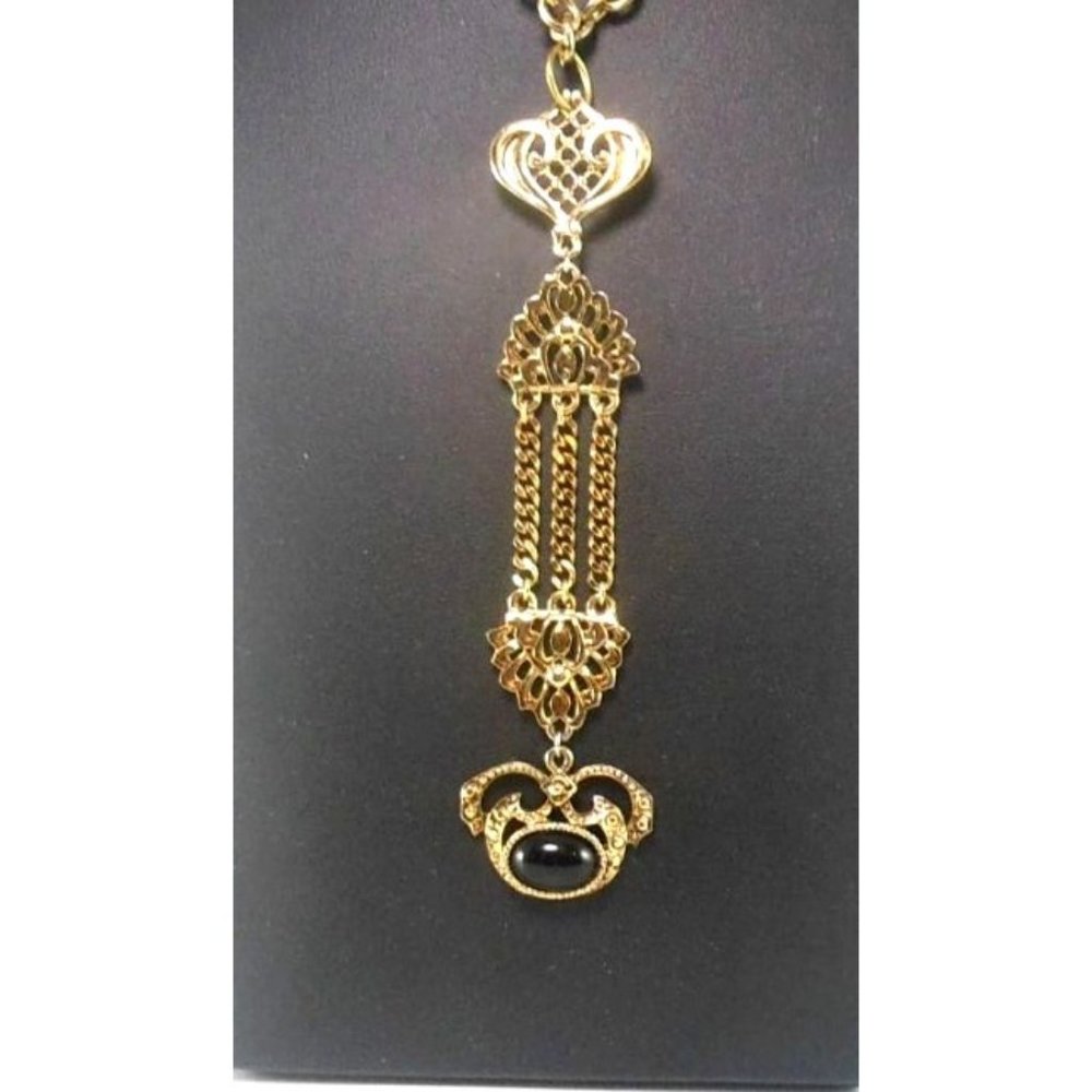 Ornate Multitiered Dangle Regency Pendant Brooch Necklace with Onyx in Gold Tone - Picture 2 of 6
